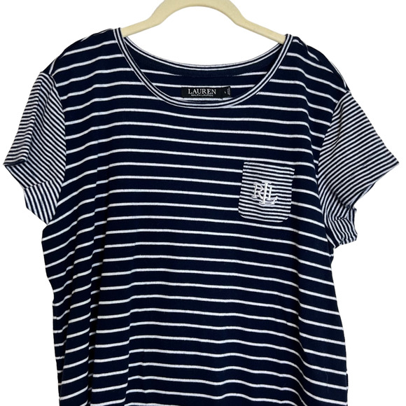 Lauren Ralph Lauren Womens Knit Top Large Navy White Striped LRL Logo - Picture 2 of 6